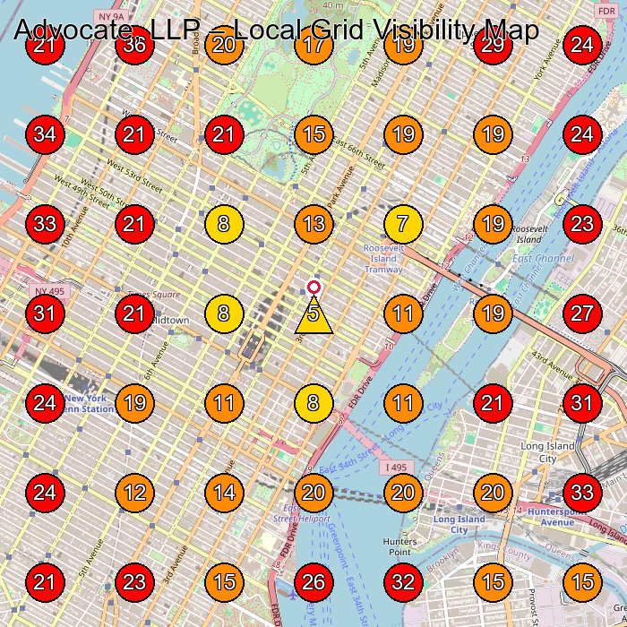 Advocate, LLP GeoGrid visibility map for Legal Services in New York